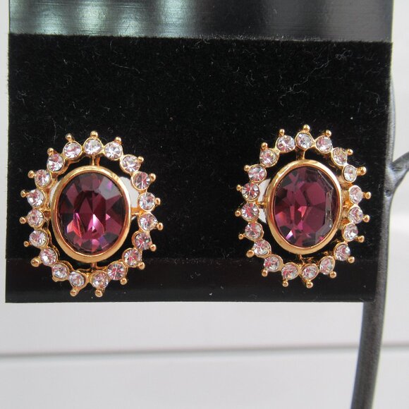 Vintage TRIFARI Signed Rhinestones Pierced Earrings Purple Crystal White 0.50" H - Picture 1 of 6